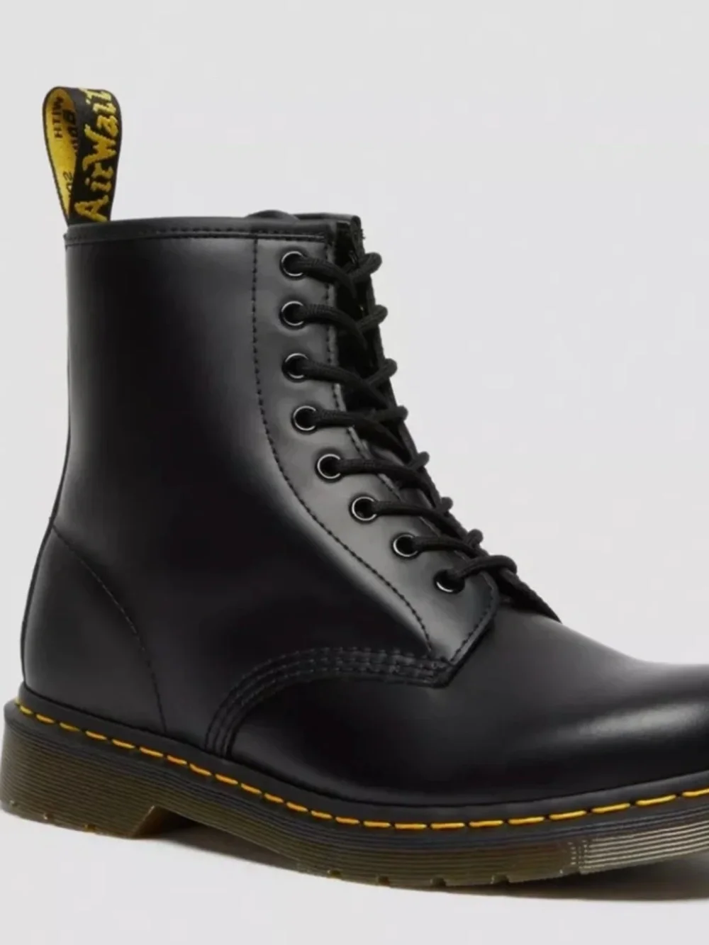 Dr. Martens Black Leather 8-Eye Lace-Up Boot with Yellow Stitching